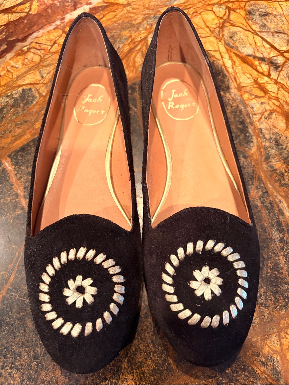 Jack Rogers Rebecca Black Suede Flats with Gold Embroidery